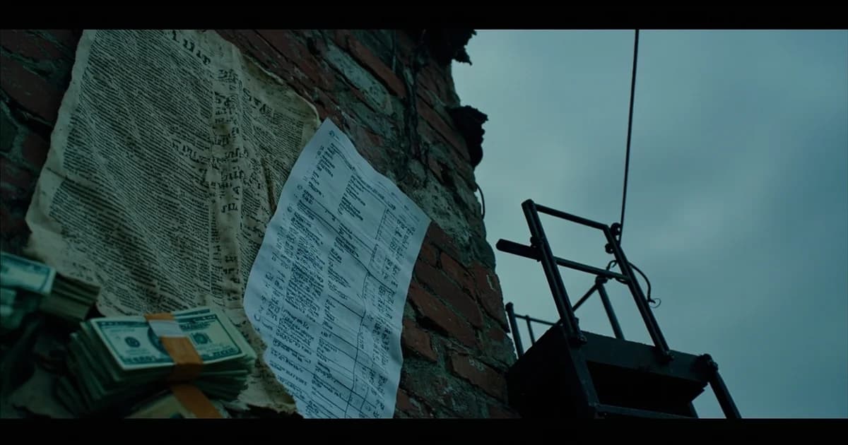 Torn 1776 broadside overlapping a municipal budget spreadsheet on a brick wall, with a concert stage truss silhouetted against indigo sky.