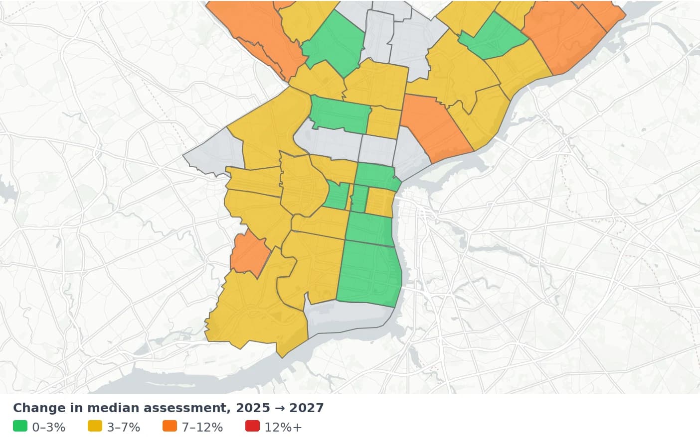 Philadelphia ZIP codes shaded green through red by the change in median assessment from 2025 to 2027.